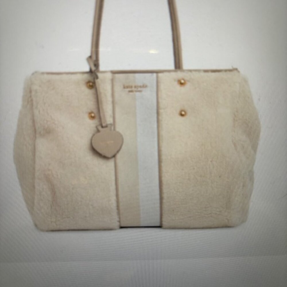 NWT Kate Spade Everything Racing Stripe Faux Shearling Large Tote - Cream Multi